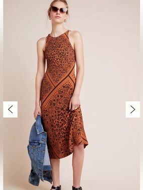 Anthropologie Farm Rio Bodycon Slip Sleeveless Midi Dress Brown Leopard Banana S